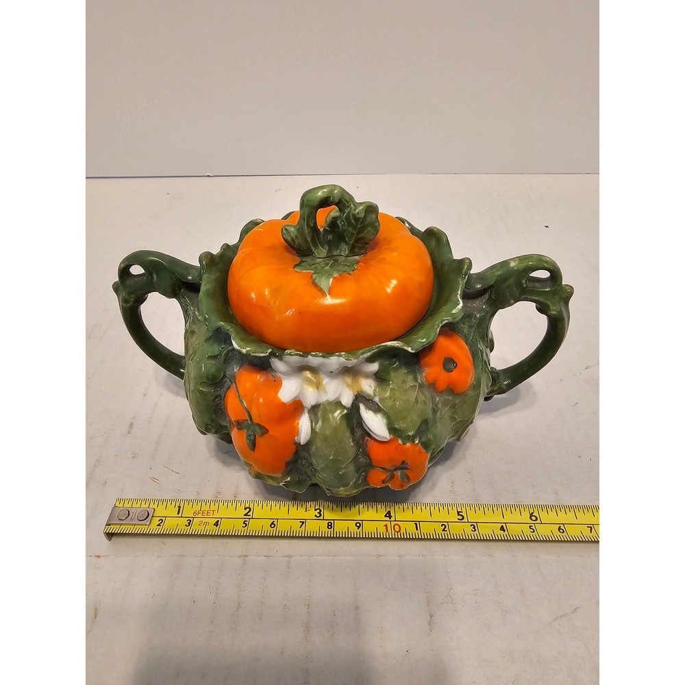 Vintage Vienna Austria Majolica Pumpkin Lidded Sugar Bowl Double Handle Ceramic